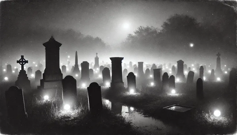 Glowing orbs hovering among tombstones in a misty graveyard at night.