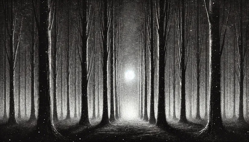 Mysterious glowing orb floating in a dark, foggy forest with leafless trees.