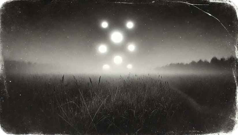 Faint glowing orbs hovering above a misty open field at twilight.