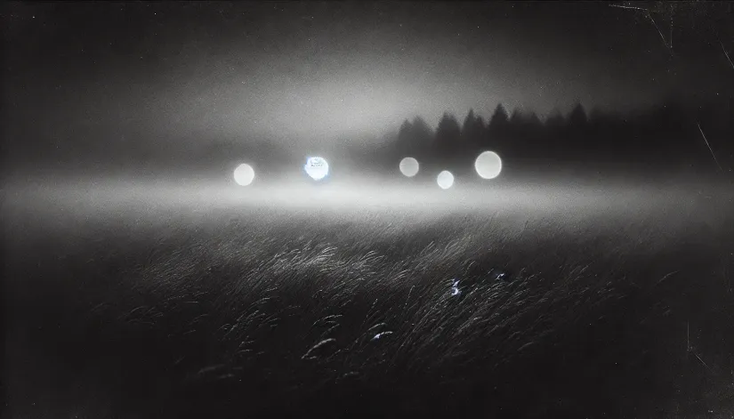 Faint glowing orbs hovering above a misty open field at twilight.