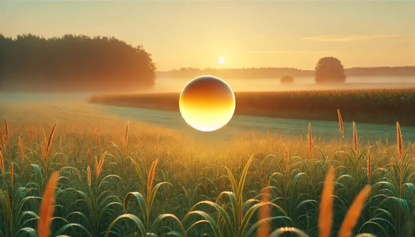 gold-ghost-orb-color-countryside-sunrise A small gold ghost orb glowing softly above the grass in a peaceful countryside field at sunrise.