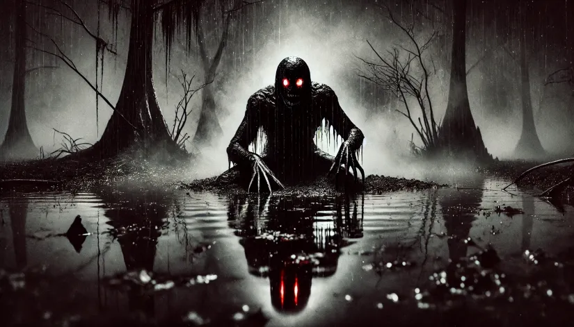 Lizard Man of Scape Ore Swamp with glowing red eyes lurks partially submerged in a dark, foggy swamp, gripping the muddy bank.