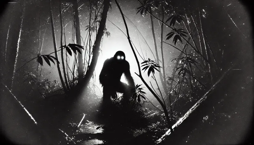 Grainy black-and-white image of the Myakka Skunk Ape crouching in a swamp at night, surrounded by dense foliage.