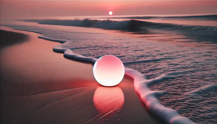 pink-ghost-orb-color-beach-sunset A small pink ghost orb glowing softly above the sand on a serene beach at sunset.