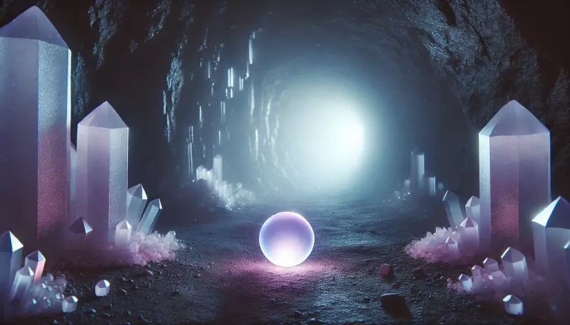 purple-ghost-orb-color-mystical-cave A small purple ghost orb glowing near the entrance of a mystical cave with shimmering crystals.