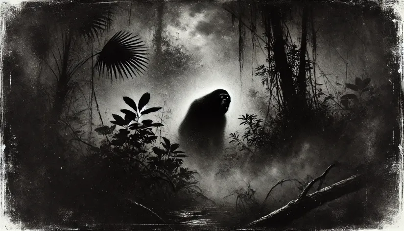 Grainy black-and-white image of a Florida swamp at night, with a Skunk Ape cryptid among the trees.