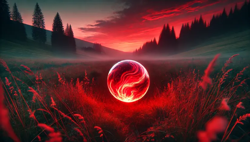 small-red-ghost-orb-in-twilight-meadow A small red ghost orb glowing in an open meadow during twilight.