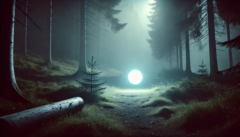small-white-ghost-orb-in-forest-clearing A tiny white ghost orb glowing softly in a peaceful forest clearing at night.